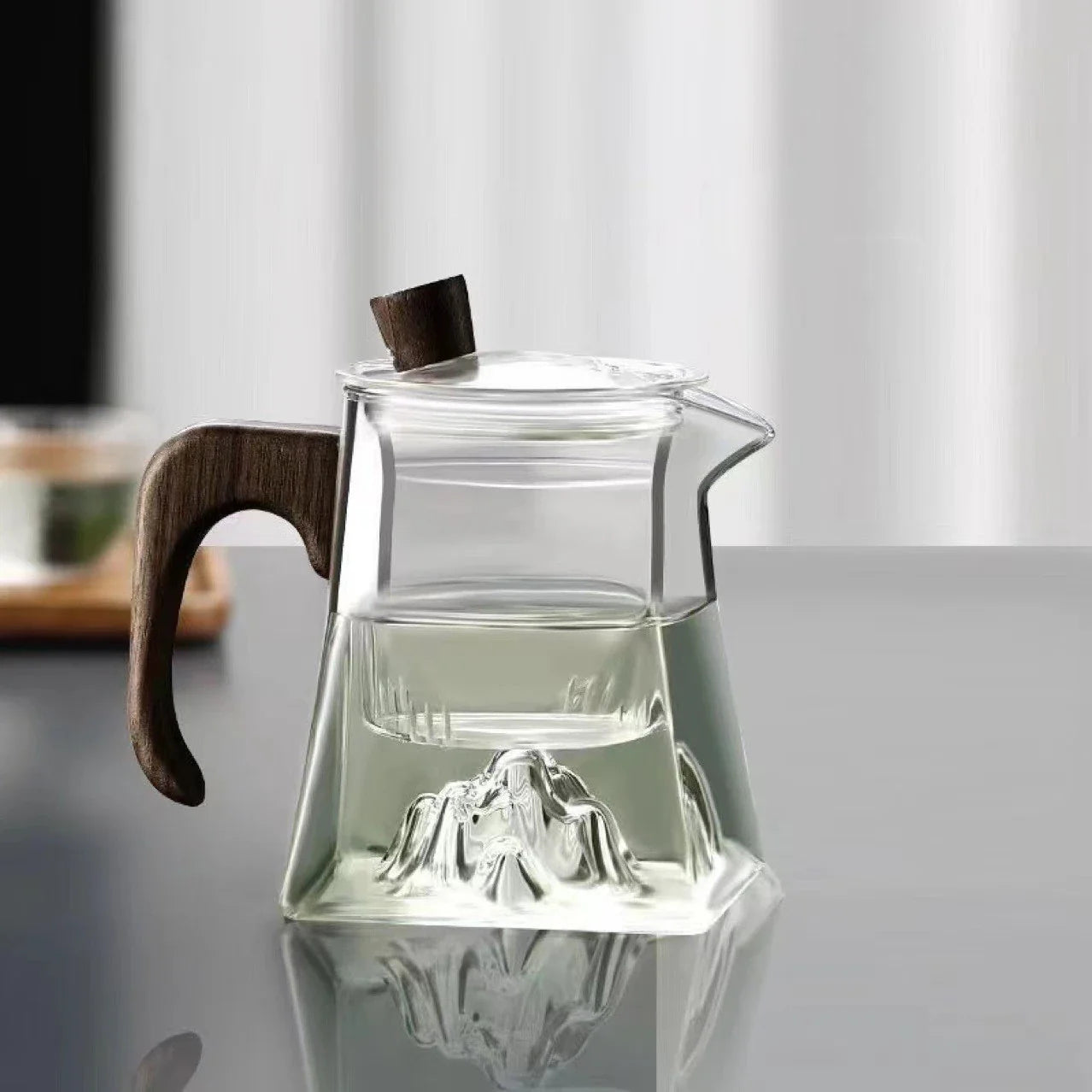 Premium high-capacity borosilicate glass teapot with smoky grey mountain view design