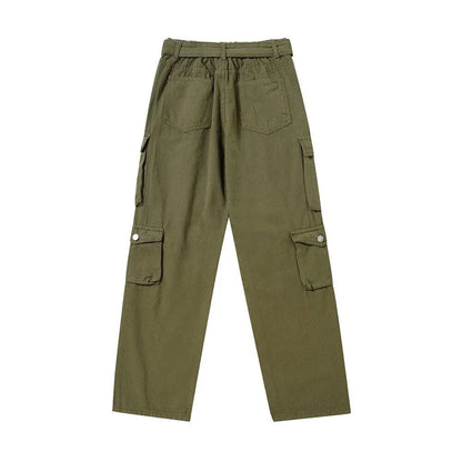 Army green cargo trousers with multiple pockets and a straight fit for a classic, versatile look