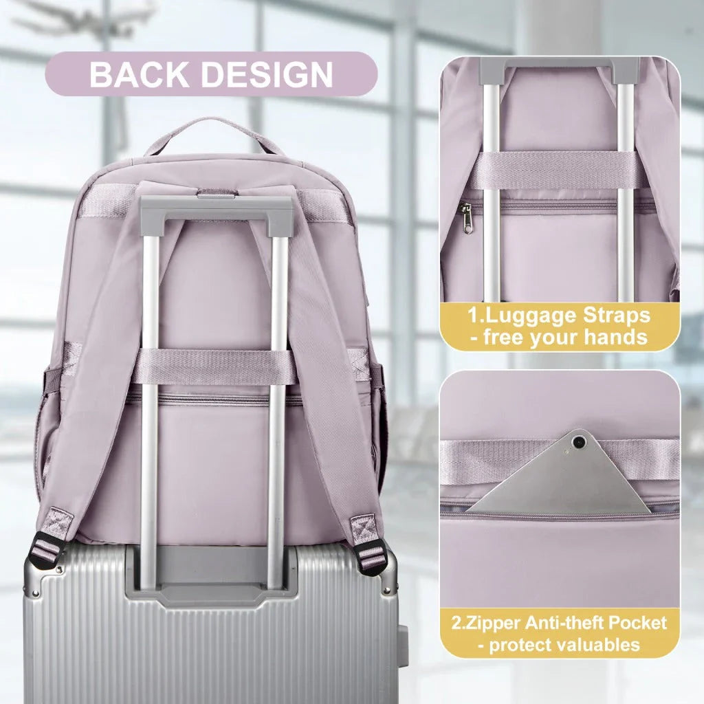Premium airline-approved travel backpack in purple, featuring waterproof nylon construction, multiple compartments, and comfortable design