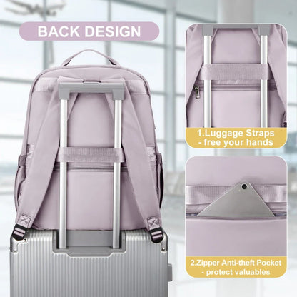 Premium airline-approved travel backpack in purple, featuring waterproof nylon construction, multiple compartments, and comfortable design