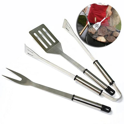Premium Stainless Steel BBQ Tool Set with Fork, Tongs, and Shovel - Durable, Heat Resistant, and Easy to Clean