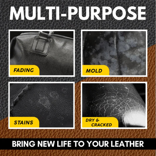 Premium leather restoration cream kit with sandpaper and spatula for reviving worn, damaged leather surfaces.