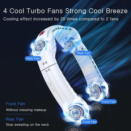 Portable Foldable Hanging Neck Fan with four powerful motors for high-velocity wind flow and long-lasting battery