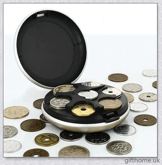 Compact and durable pocket coin dispenser with seven slots for organising Euros, Dollars and other coins
