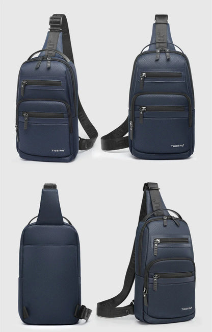 Premium waterproof men's chest bag in dark blue colour, featuring a sleek and sophisticated design with a spacious main compartment and secure zipper closure.