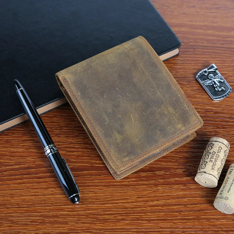 Premium short leather wallet in brown, tan, and black colours for British gentlemen