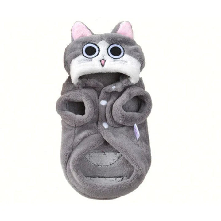 Coral fleece pet clothing for dogs and cats in various sizes, designed to keep pets warm and comfortable during the British winter.