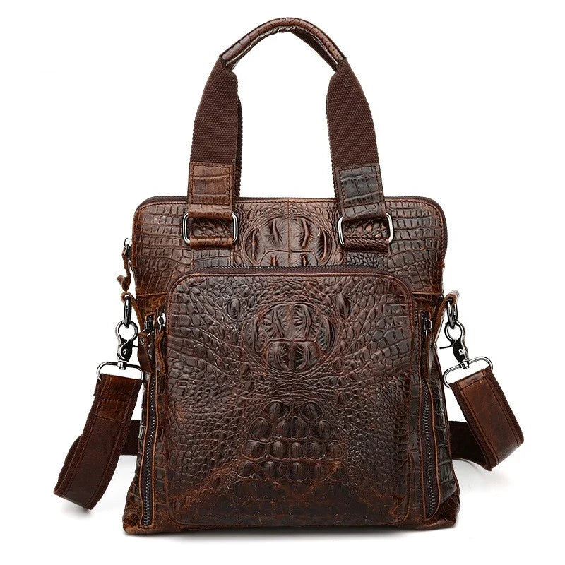 Premium brown leather commuting briefcase with vintage-inspired shoulder strap and textured leather button detailing