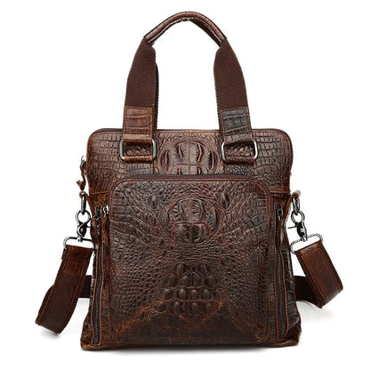Premium brown leather commuting briefcase with vintage-inspired shoulder strap and textured leather button detailing