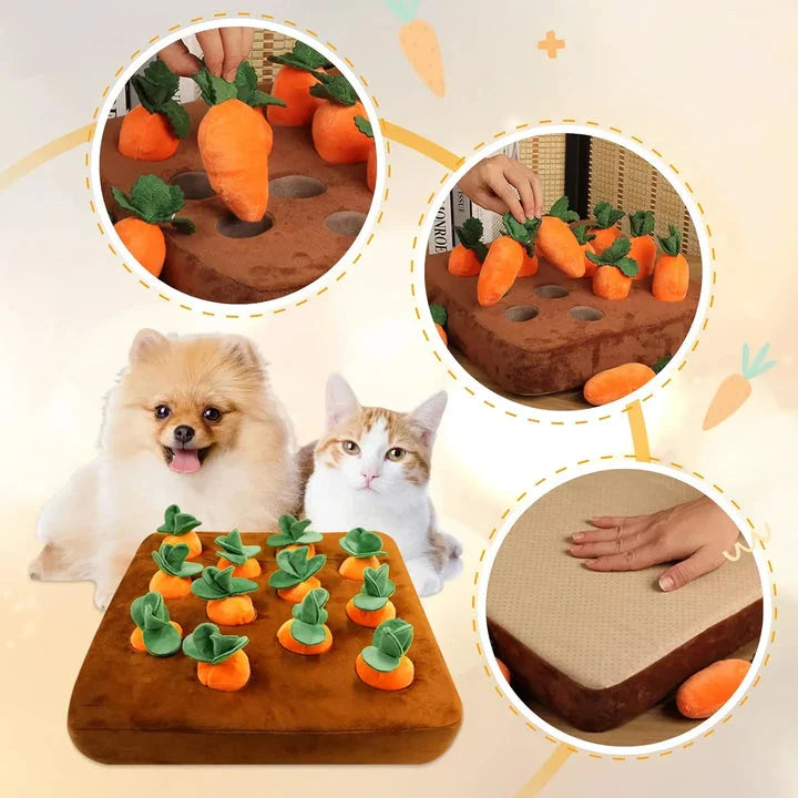 Premium soft plush carrot-shaped dog toy with non-slip backing for engaging, interactive playtime