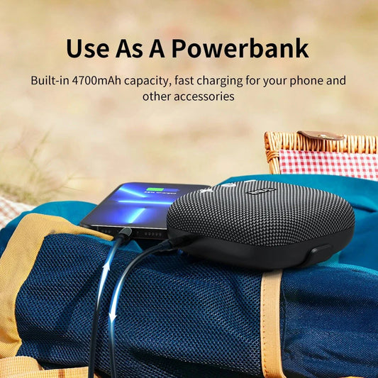 Rugged portable Bluetooth speaker with deep bass, waterproof design, and built-in power bank