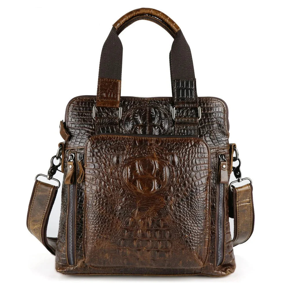 Premium brown leather commuting briefcase with vintage-inspired shoulder strap and textured leather button detailing