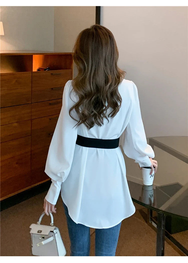 Elegant long sleeve women's blouse with metal buckle belt in white and black colours