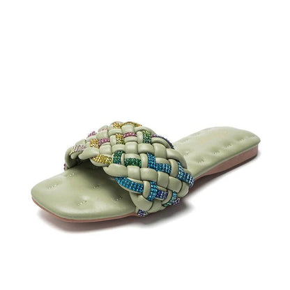 Trendha Colourful Diamond Embroidered Flat Sandals with PU Leather, Rubber Sole, and Elegant Embroidery Pattern