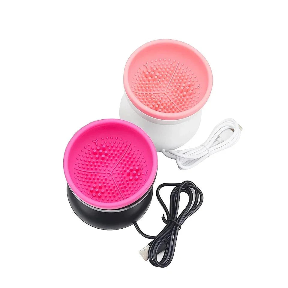 Electric USB makeup brush cleaner and dryer with silicone collar and automatic spinning action for thorough cleaning and drying of makeup brushes