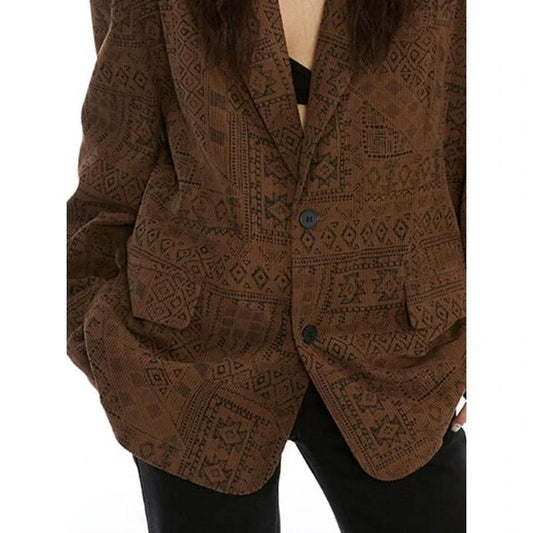 Women's Totem Print Blazer with Long Sleeves and Pockets in Autumn Elegance Design