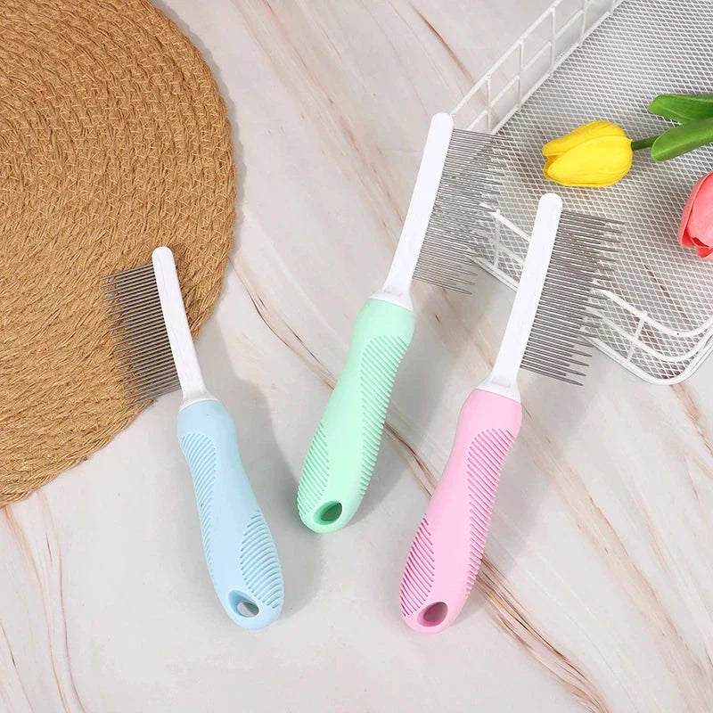 Premium pet grooming comb with dual-pronged stainless steel teeth for deep, gentle fur and debris removal