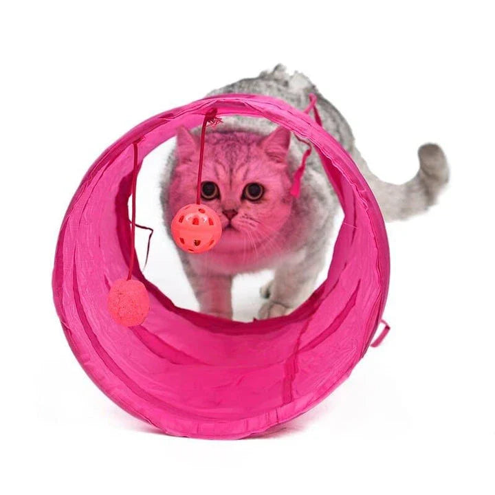 Colourful tunnel toy for cats with two bouncing balls, made from premium nylon and polyester materials