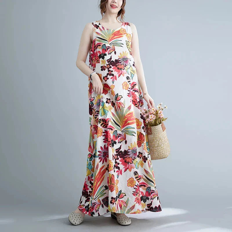 Elegant floral print cotton linen maxi dress in blue, perfect for warm weather wear