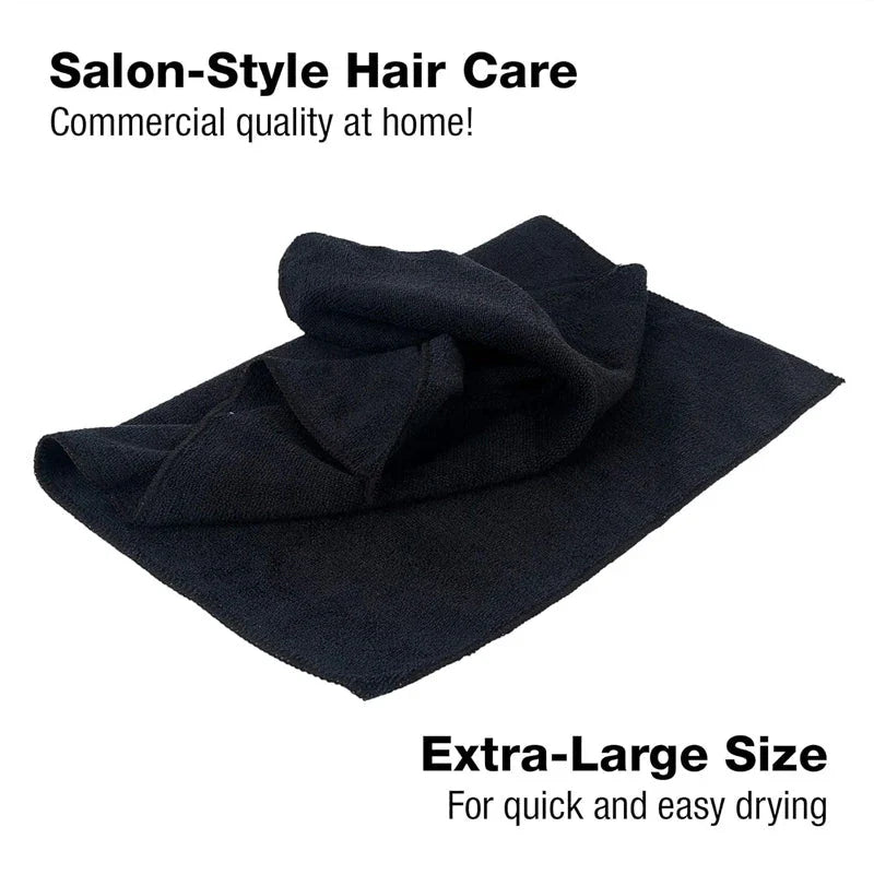 Premium microfibre salon towels in black, featuring a large size, lightweight and highly absorbent design for efficient hair drying