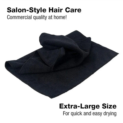 Premium microfibre salon towels in black, featuring a large size, lightweight and highly absorbent design for efficient hair drying