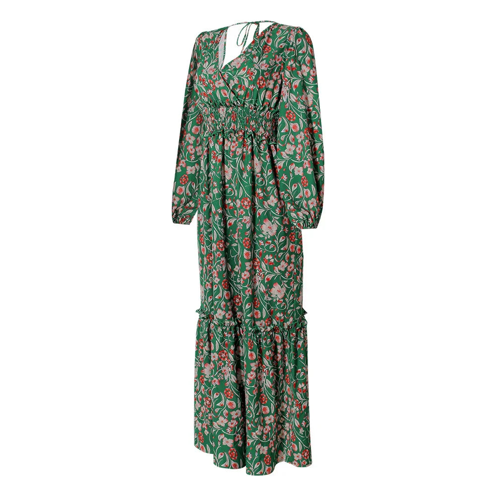 A stylish printed lantern sleeve dress with a v-neck and halter design, perfect for elevating your wardrobe.