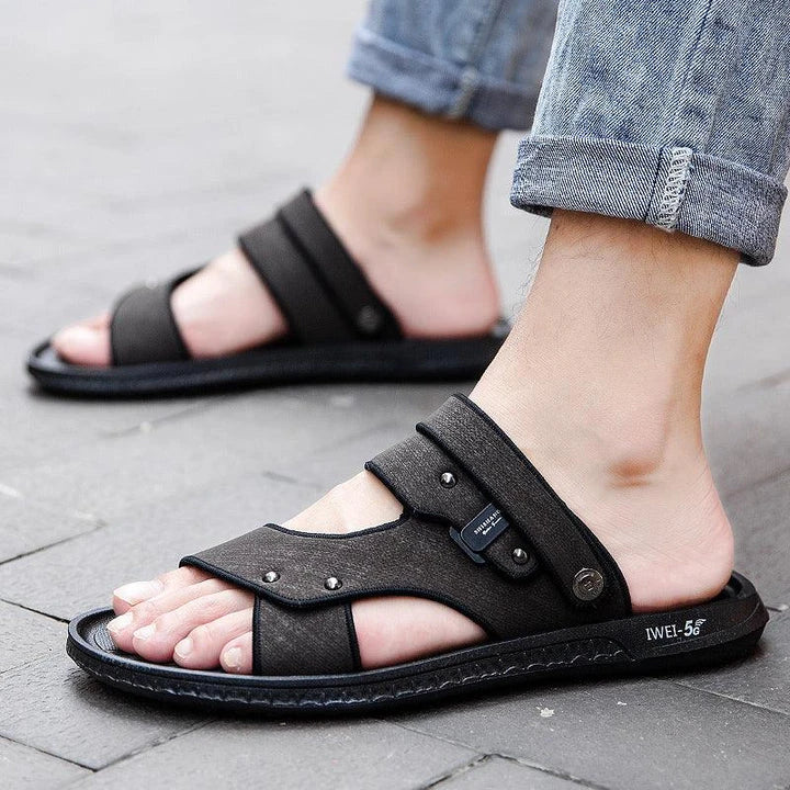 Premium British-made beach sandals with breathable PU upper, non-slip rubber sole, and adjustable buckle closure