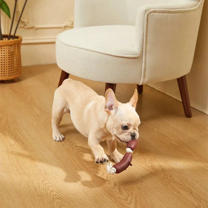 A durable cotton rope and vinyl sausage chew toy for pets, designed to provide interactive play and promote dental health.
