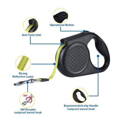 5 metre retractable dog leash with reflective strip, suitable for dogs up to 20 kg