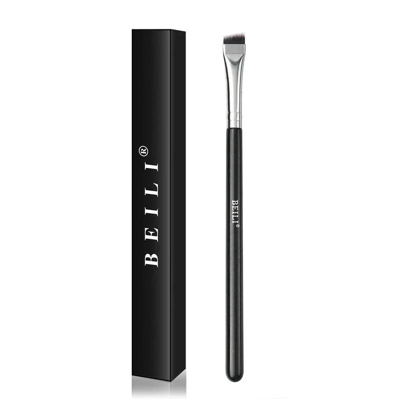 Professional black eyebrow and eyeliner makeup brush with sleek wooden handle for precise, salon-quality results