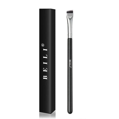 Professional black eyebrow and eyeliner makeup brush with sleek wooden handle for precise, salon-quality results