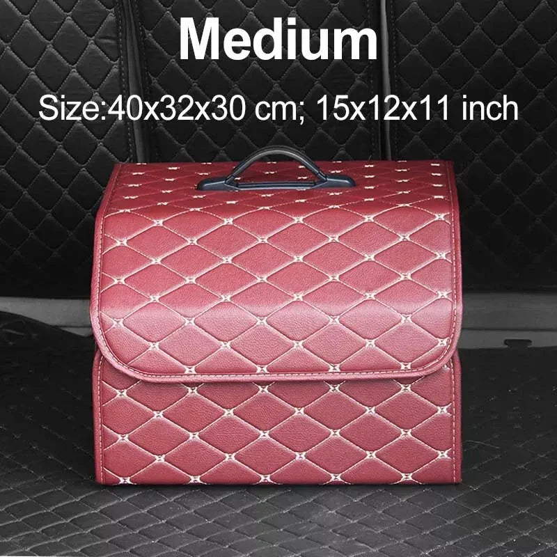 Premium collapsible leather car boot organiser in black, burgundy red, and black red colours