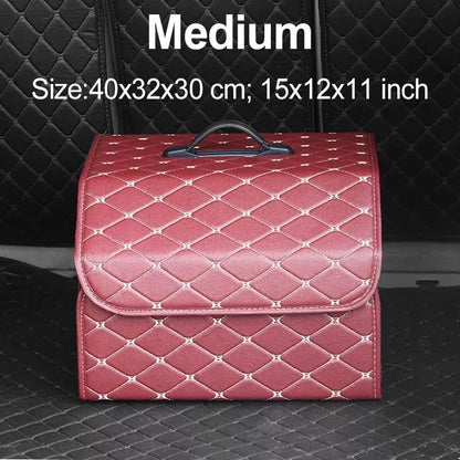 Premium collapsible leather car boot organiser in black, burgundy red, and black red colours