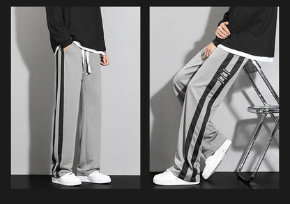 Comfortable striped straight-leg casual trousers in various colours and sizes