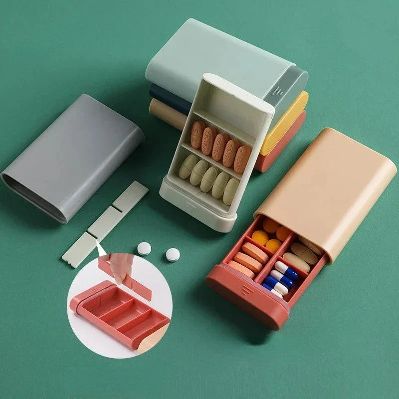 Compact 7-day portable pill organiser with six grids for storing daily medications, supplements, and vitamins