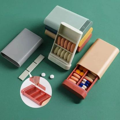 Compact 7-day portable pill organiser with six grids for storing daily medications, supplements, and vitamins