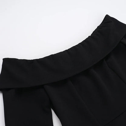 Elegant off-the-shoulder A-line dress for women with slim fit, bell sleeves, and high waist design