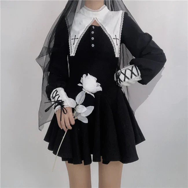 Maria Gothic Nun Dress in black with lace accents, a captivating and sophisticated dark fashion piece