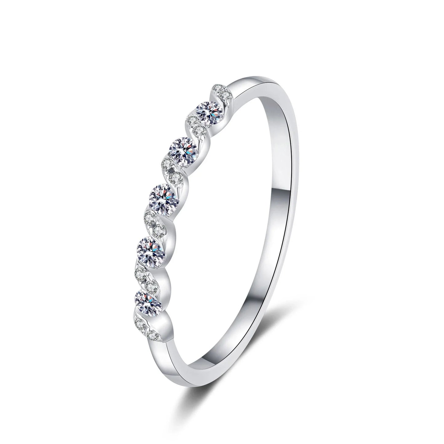 Exquisite Moissanite-Adorned Ripple Fashion Ring in Sterling Silver, Available in a Range of UK Sizes