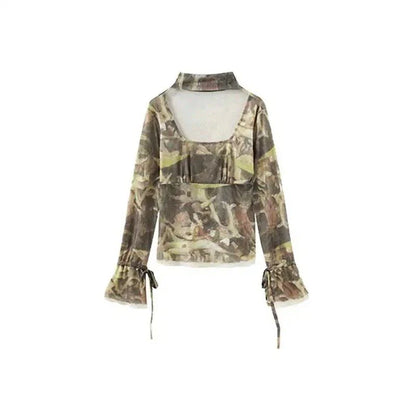 Retro Y2K Mesh Drawstring Flare Sleeve Crop Top - Unique British Fashion Statement with Steampunk Art Design