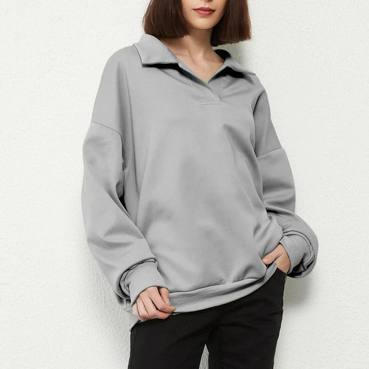 A stylish and comfortable oversize solid pullover with a turn-down collar, perfect for casual wear in the UK.