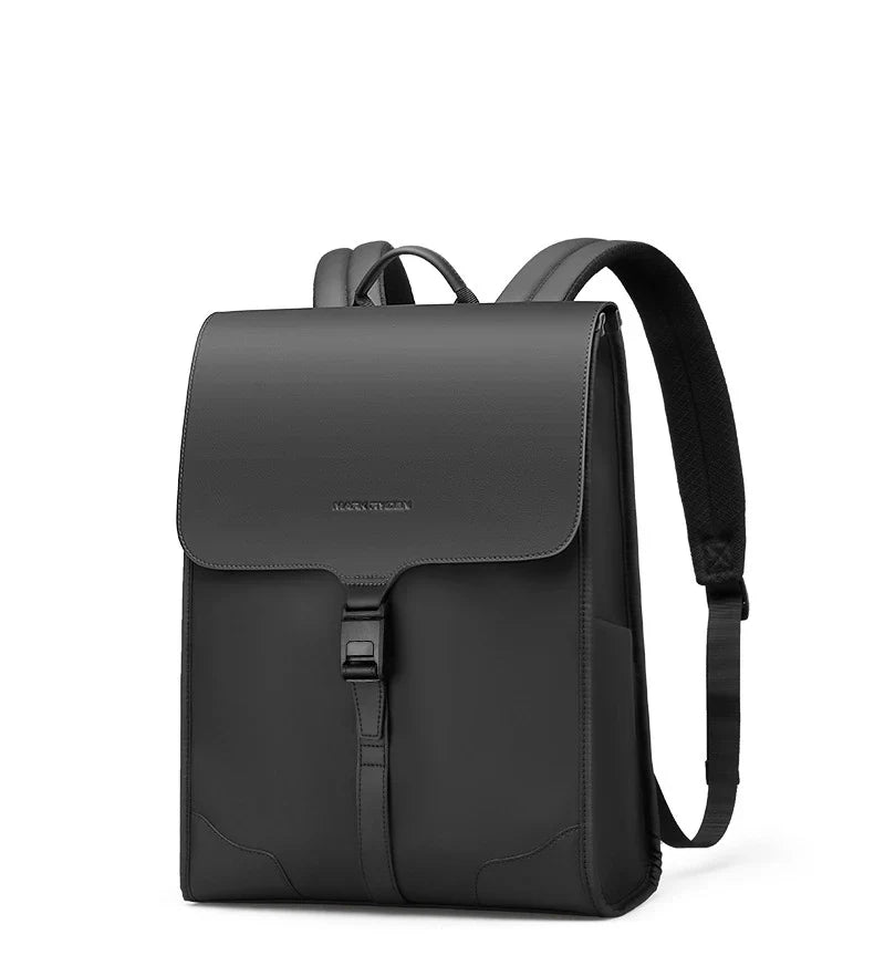 Stylish magnetic buckle laptop backpack for men, featuring a sleek design, spacious interior, and durable PU leather construction.