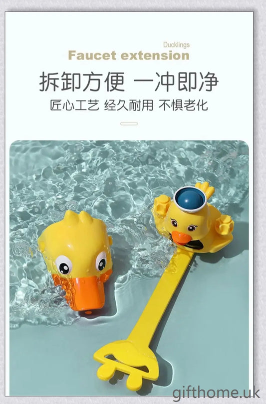 A yellow duck-shaped faucet extender that elevates a child's hand-washing experience at the sink