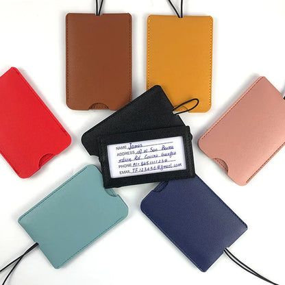Premium PU leather luggage tags in a vibrant gray colour, with a discreet pull-out information card for easy customization.