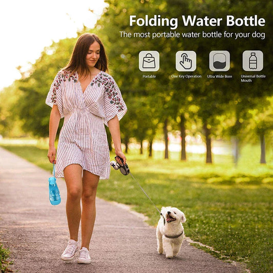 Portable pet water bottle with a wide trough and generous 420ml capacity for hydrating dogs on the go.