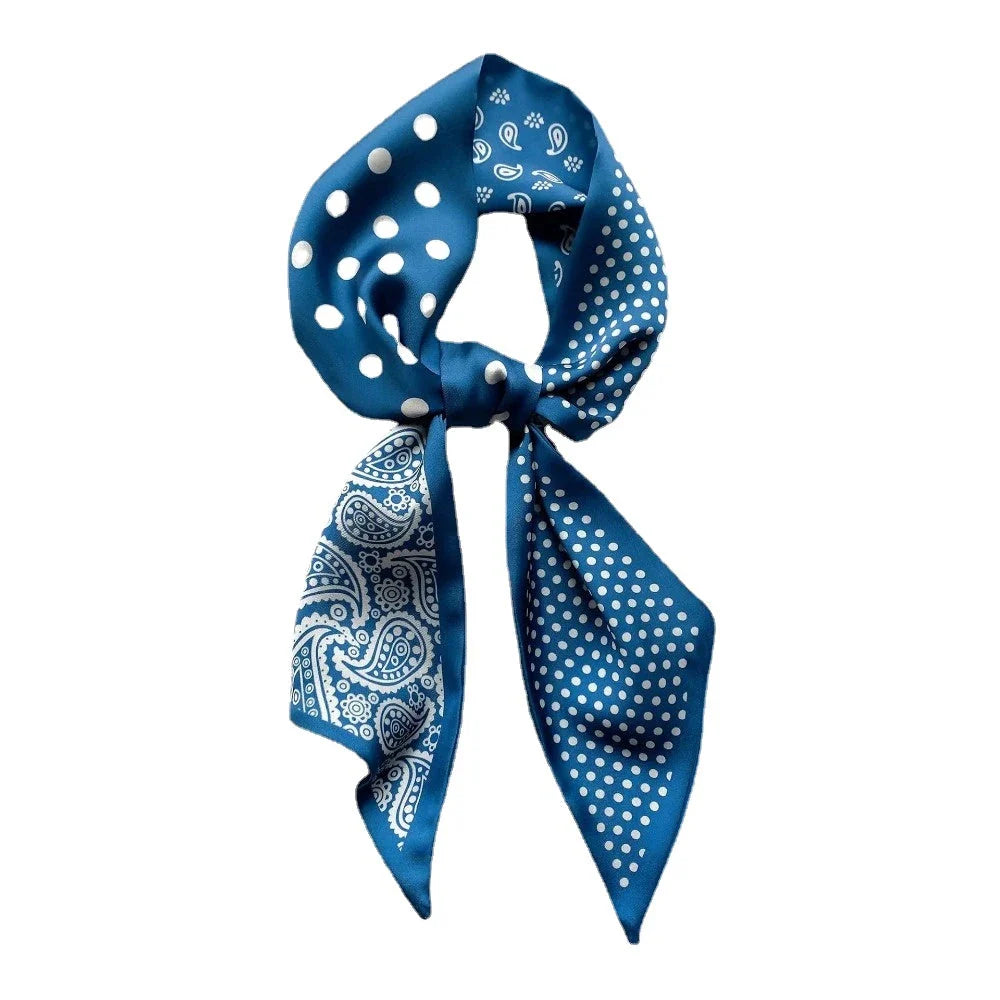 Luxury silk-feel narrow scarf in blue colour, a versatile fashion accessory for the modern British woman
