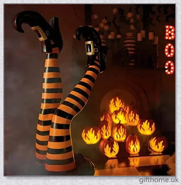 Animated witch legs in various colours, including purple, yellow, and black and white, kicking and moving to create a spooky Halloween display