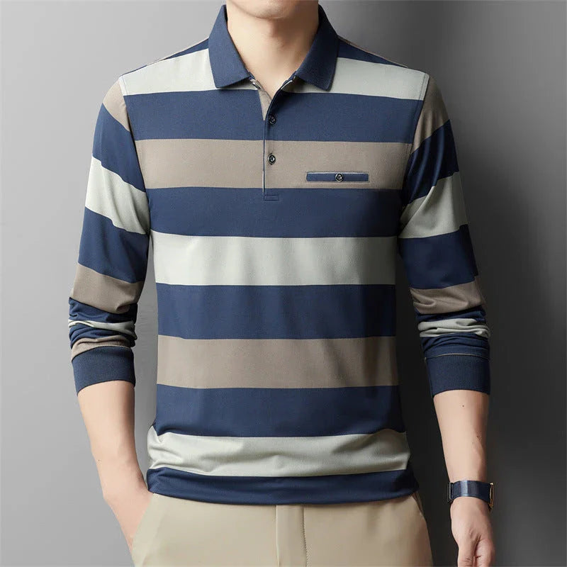 Premium Striped Long Sleeve Polo Shirt in Gray for Gentlemen - Soft, Breathable Fabric, Colour-Block Design, Versatile Casual-to-Smart Styling