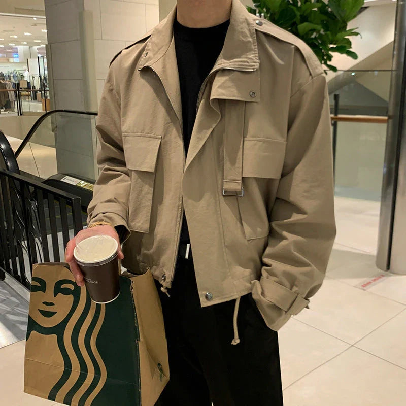 Premium vintage-inspired khaki denim jacket with a handsome sense of design and a refined, polished silhouette