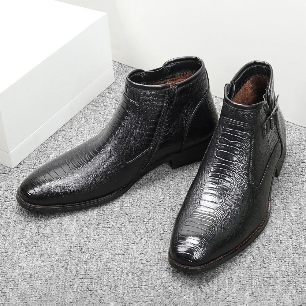 Premium men's formal Chelsea boots in brown, featuring a round toe, low wedge heel, and side zipper closure for a polished, office-ready look